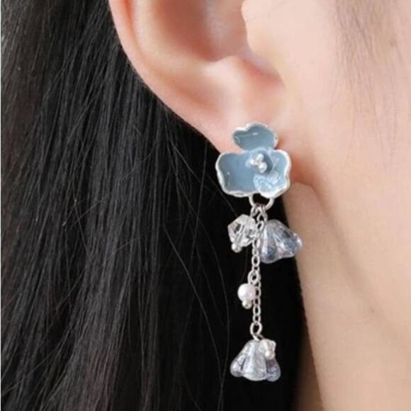 Blue Crystal Flower Drop Earrings - Picture 2 of 2